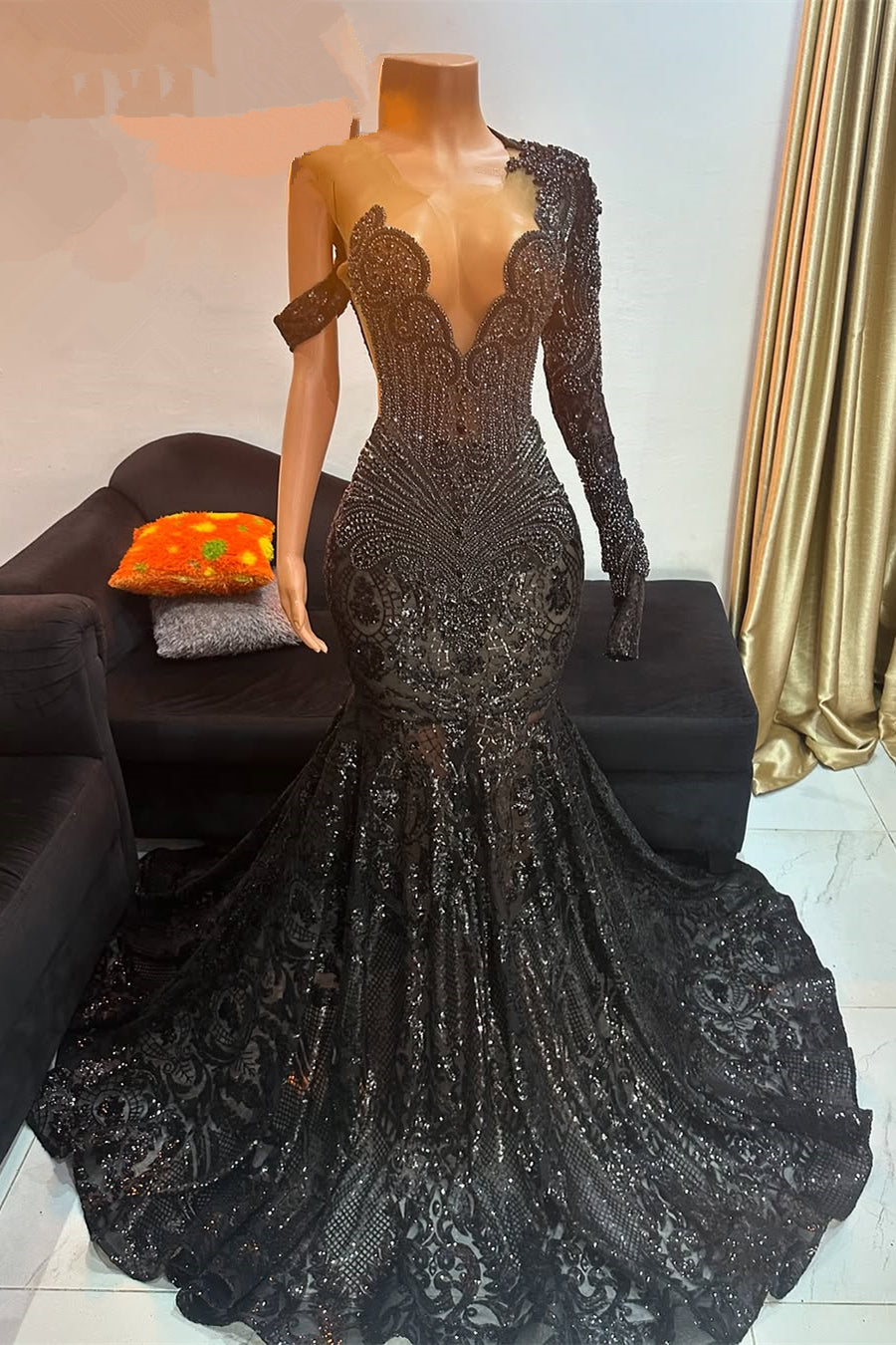 Unique Black Cap sleeves Beaded Mermaid Court Train Prom Dresses
