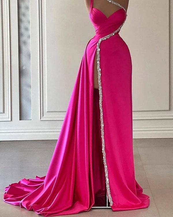 Unique Silver Beaded High Split Court Train Mermaid One shoulder Prom Dresses