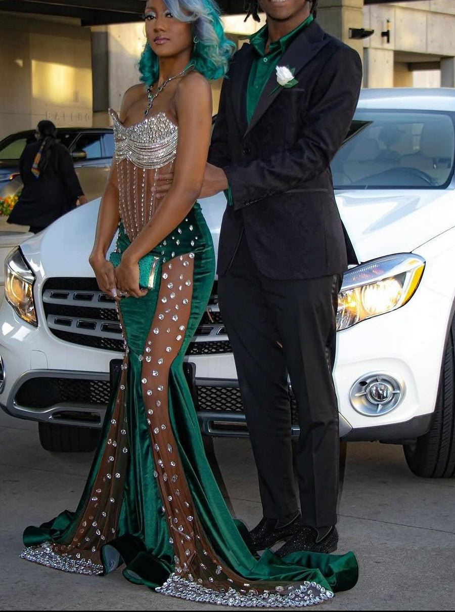 Dark Green Sweetheart Silver Beaded See through Hot Prom Dresses