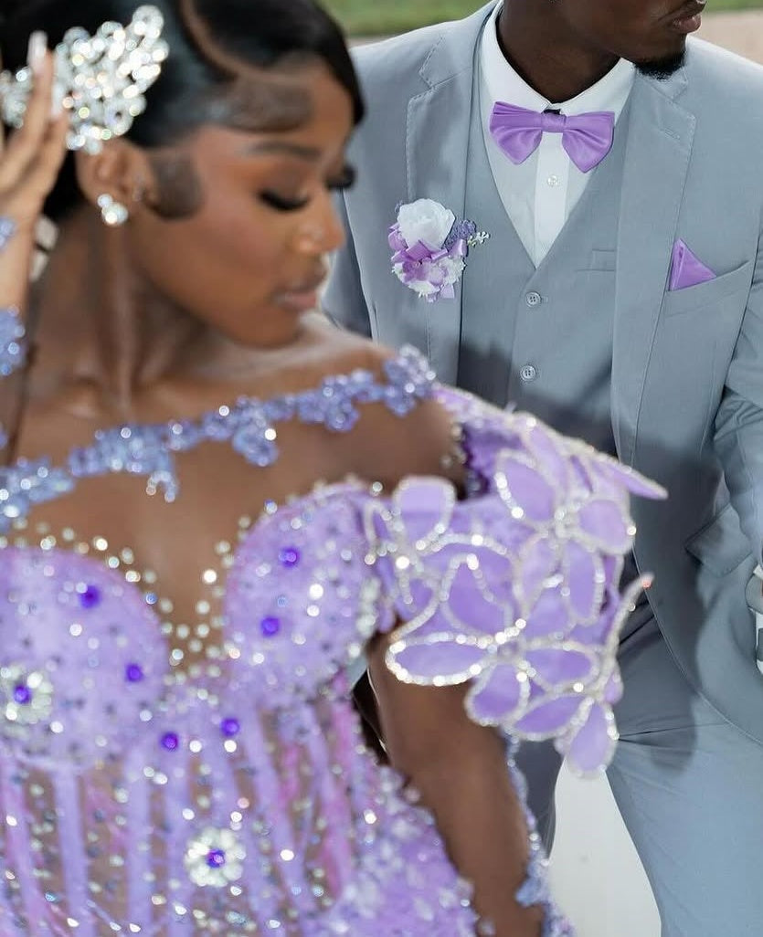 One shoulder Long sleeves Lilac High Split Sequin Flowers Prom Dresses