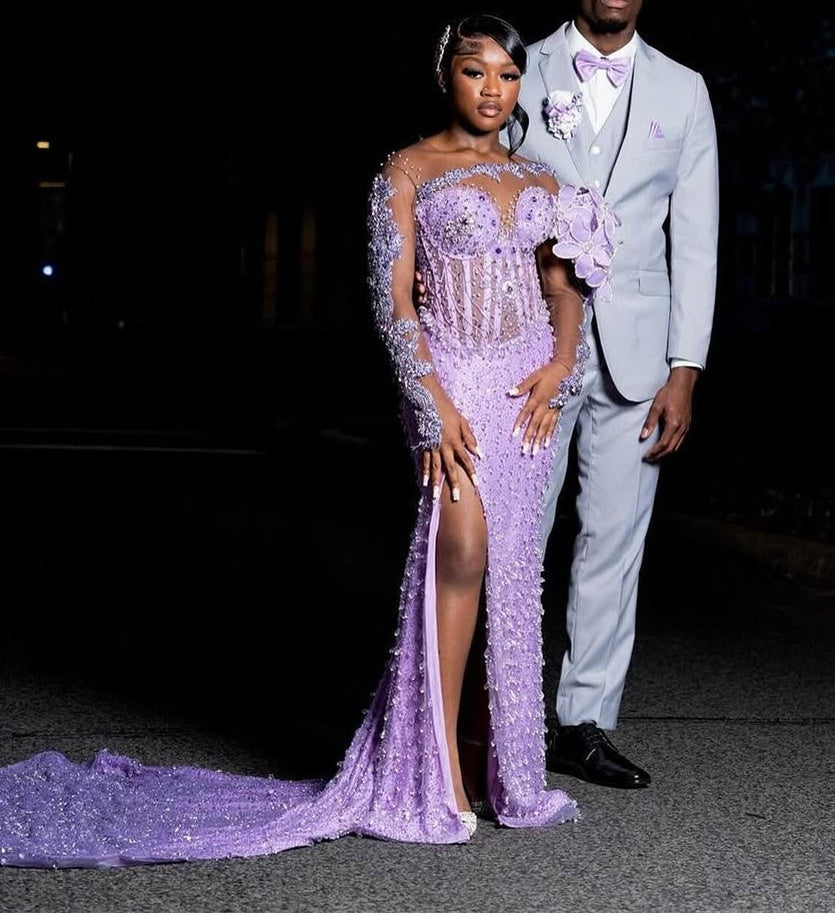 One shoulder Long sleeves Lilac High Split Sequin Flowers Prom Dresses