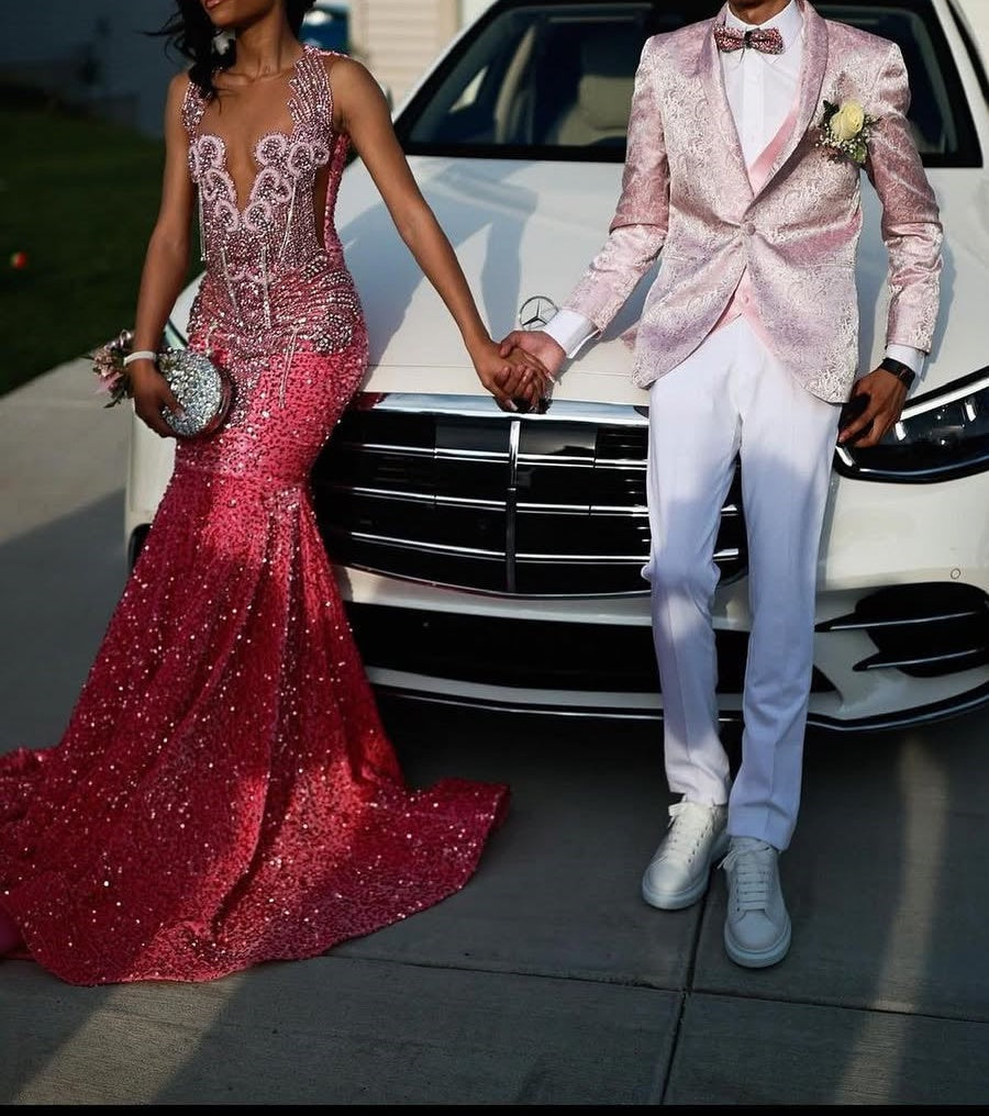 Pink V-neck Sparkle sequin Mermaid Court Train Prom Dresses