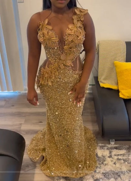 Gold Sleeveless Flowers Sequin Column Floor length Sparkle Prom Dresses