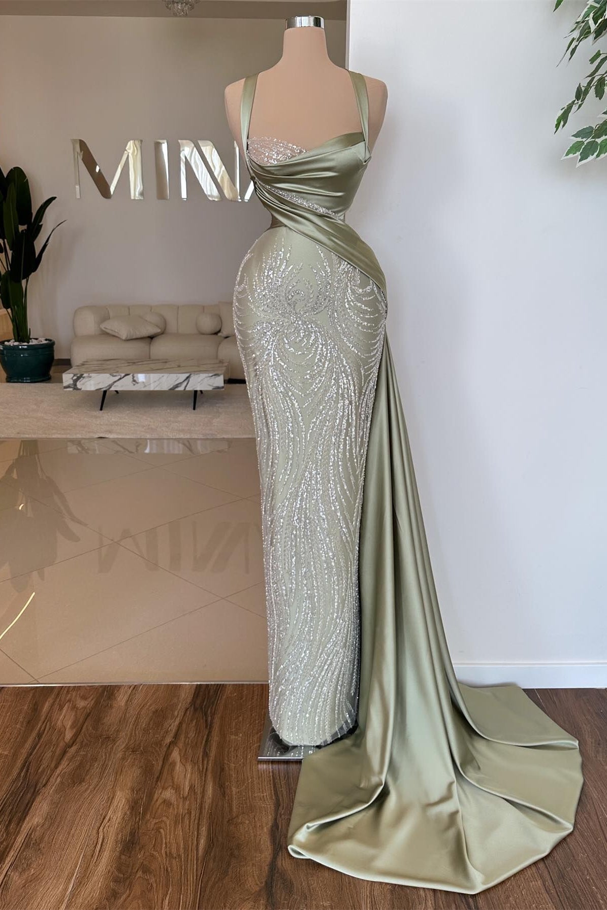 Sage Sweetheart Sleeveless Mermaid Prom Dress with Beads: A stunning gown for your special night.