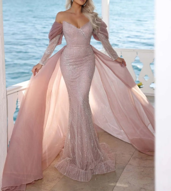 Gorgeous Off-the-Shoulder Long Sleeves Mermaid Prom Dress With Beadings Ruffles