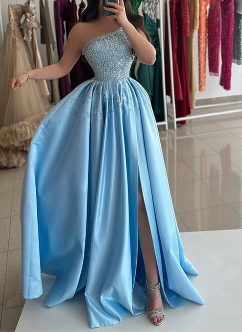 Popular Sky Blue One Shoulder Prom Dresses Sleeveless Sequins With High Slit Pearls