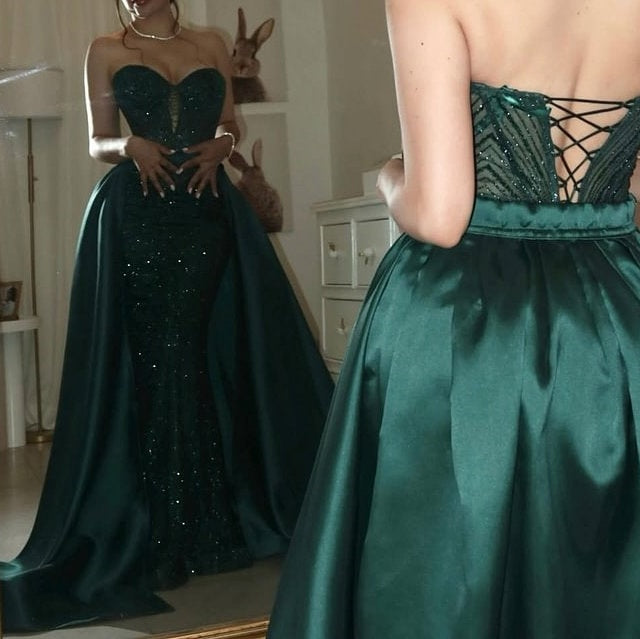 Luxury Dark Green Sweetheart Mermaid Prom Dresses Sequins Lace-Up Back With Overskirt