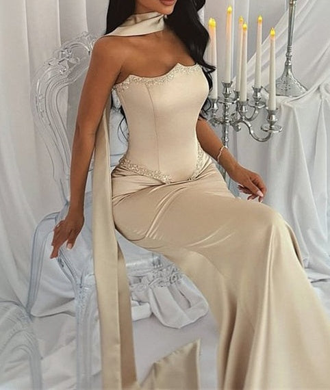 Luxury Strapless Mermaid Prom Dresses Satin Floor Length Sleeveless With Beads Ribbon