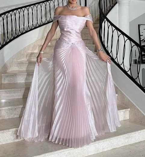 Glamorous Pink Off-The-Shoulder Prom Dress Sleeveless Sheath With Overskirt Pleats