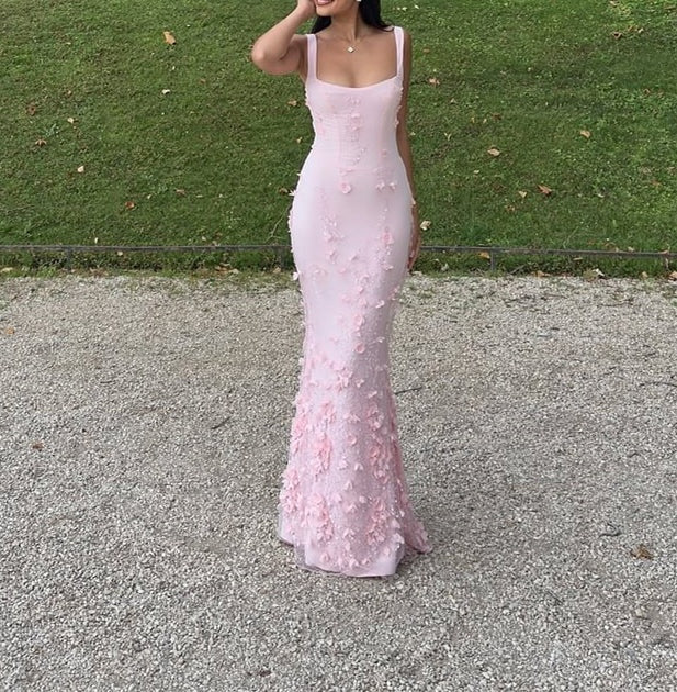 Elegant Heavenly Pink Square Straps Mermaid Prom Dresses Sleeveless With Flower Beads