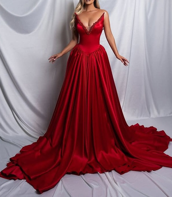 Beautiful Red V-Neck Strapless Satin Prom Dresses Sleeveless A-Line With Pearls Pleats