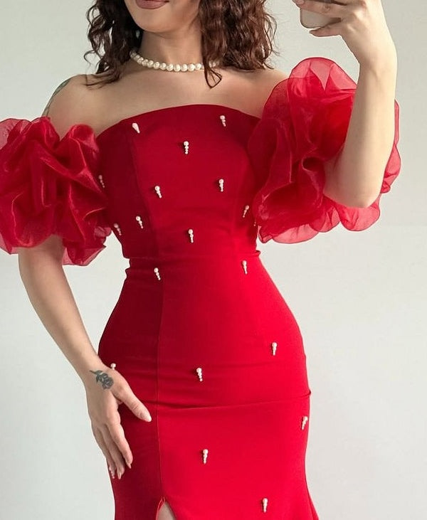 Elegant Red Strapless Mermaid Prom Dresses Bubbles Sleeves High Slit Sheath With Pearls