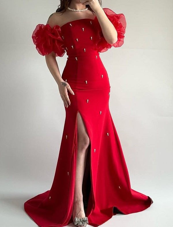 Elegant Red Strapless Mermaid Prom Dresses Bubbles Sleeves High Slit Sheath With Pearls