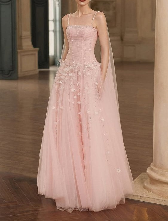 Gorgeous Pink Spaghetti-Straps Tulle Prom Dresses A-Line Ribbon Sleeveless With Beads Flower
