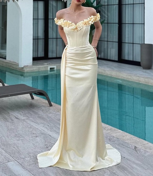Luxury Daffodil Off-The-Shoulder Satin Mermaid Prom Dresses Lace-Up Ba