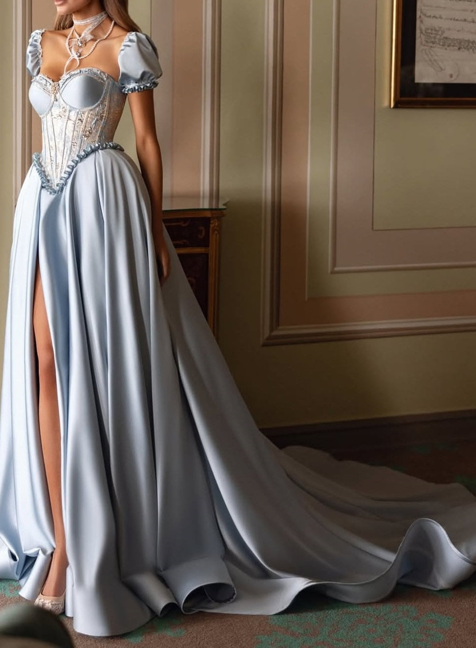 Elegant Sky Blue Sweetheart Satin A-Line Prom Dresses Bubbles Sleeves High Slit With Pleats Beads