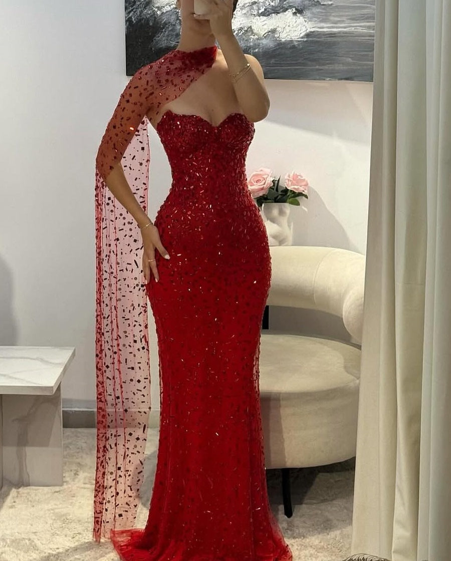 red prom mermaid dress Gorgeous Sweetheart Dresses Sleeveless Strapless With 20673 Red Black Polka while the open back glamorous prom gown Color:Desert Beige