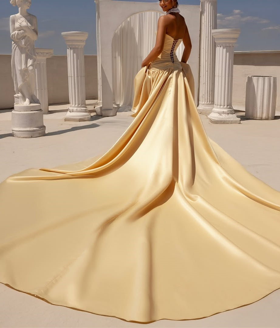 Beautiful Strapless Satin Prom Dresses A-Line Sleeveless Lace-Up-Back With Bow Knot Pleats