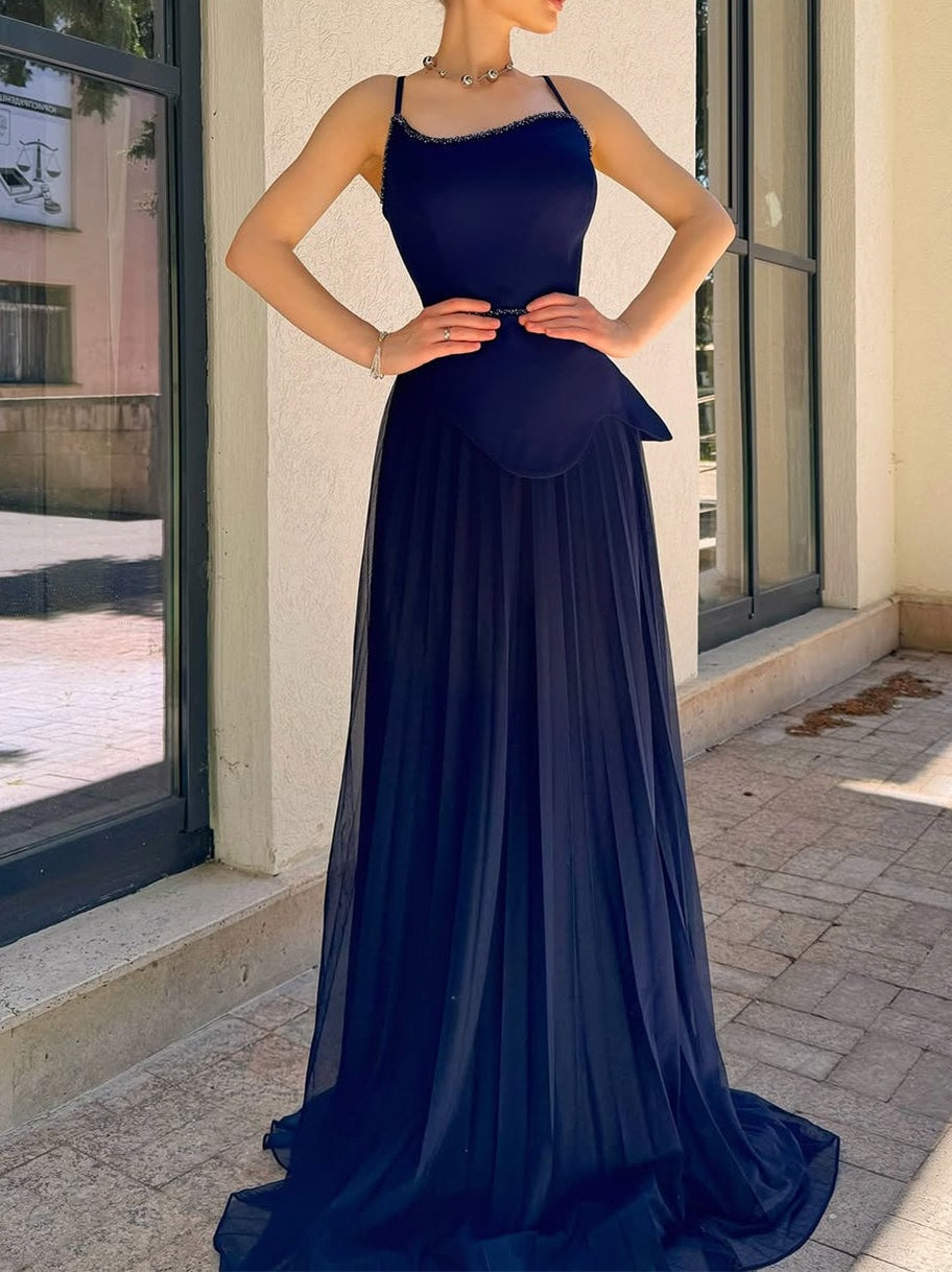 Chic Navy Blue Spaghetti-Strap Prom Dresses Sleeveless Floor Length Pleats With Pearls