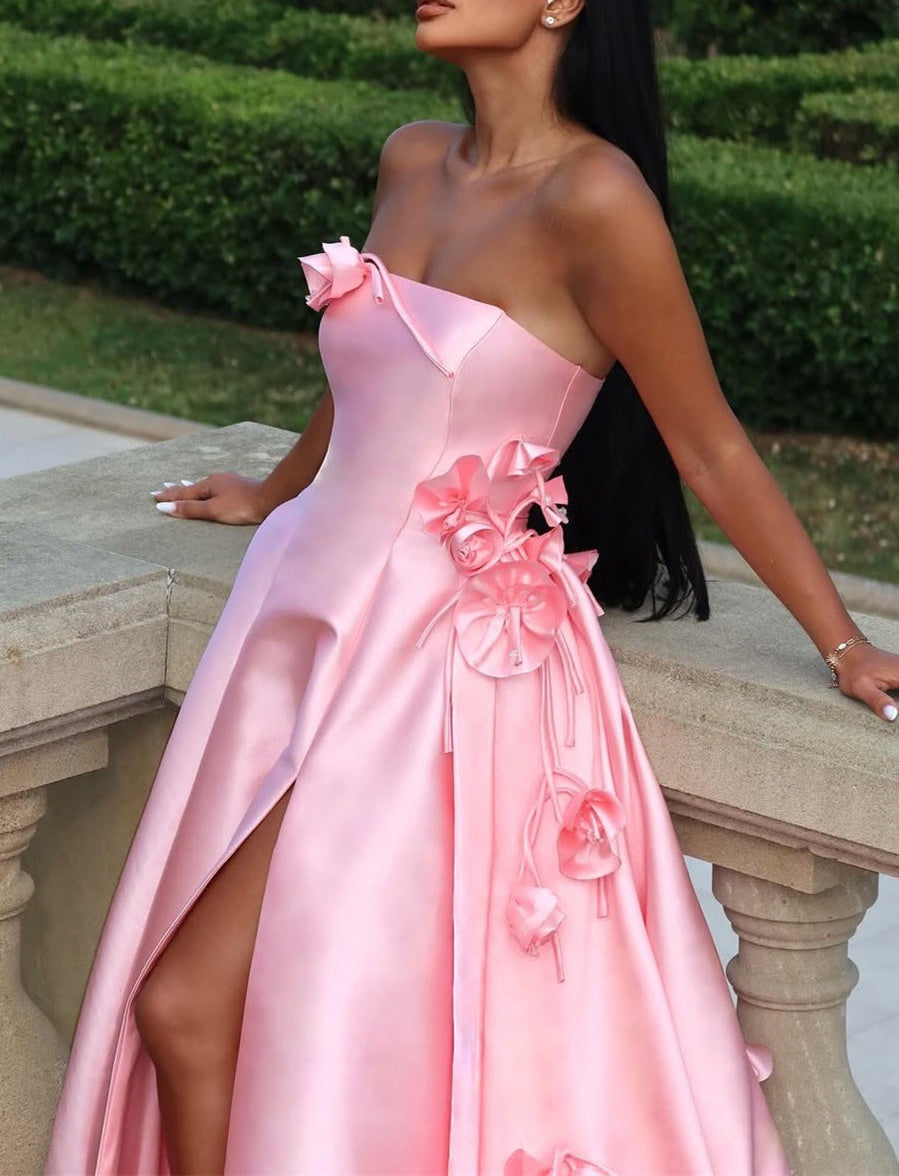 Chic Pink Satin Strapless Sleeveless Prom Dress High Slit A-Line With Flower