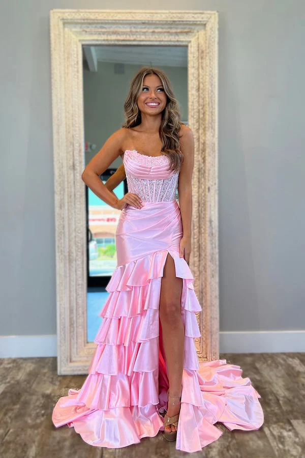 Chic & Modern Sheath Strapless Sleeveless Pleated Appliques Satin Tiered High Side Slit and Train Floor Length Party Dress Prom Dresses Dress Eveing Gown