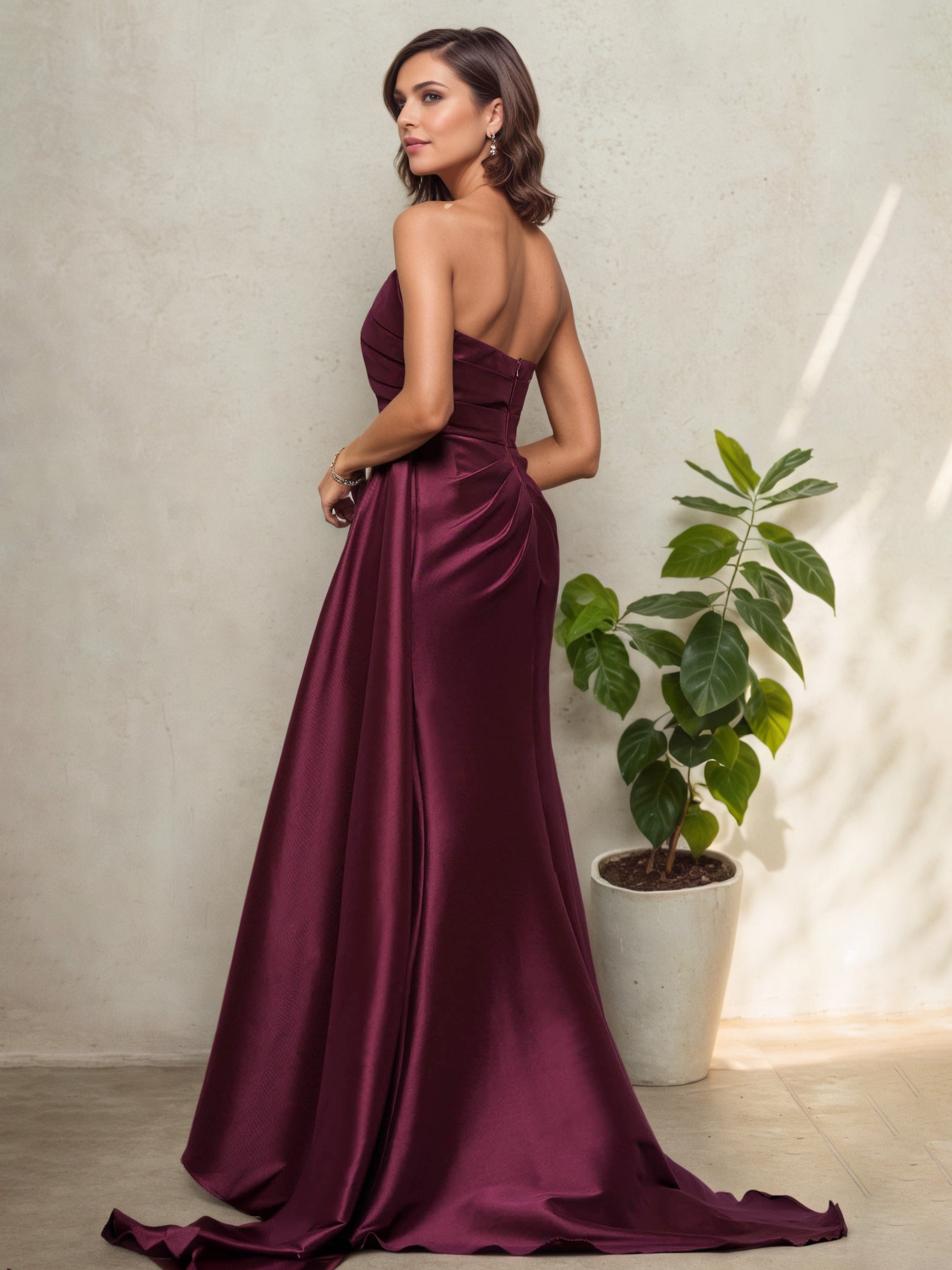 Cabernet Strapless Sleeveless Mother of the Bride Dress with Pleated Design