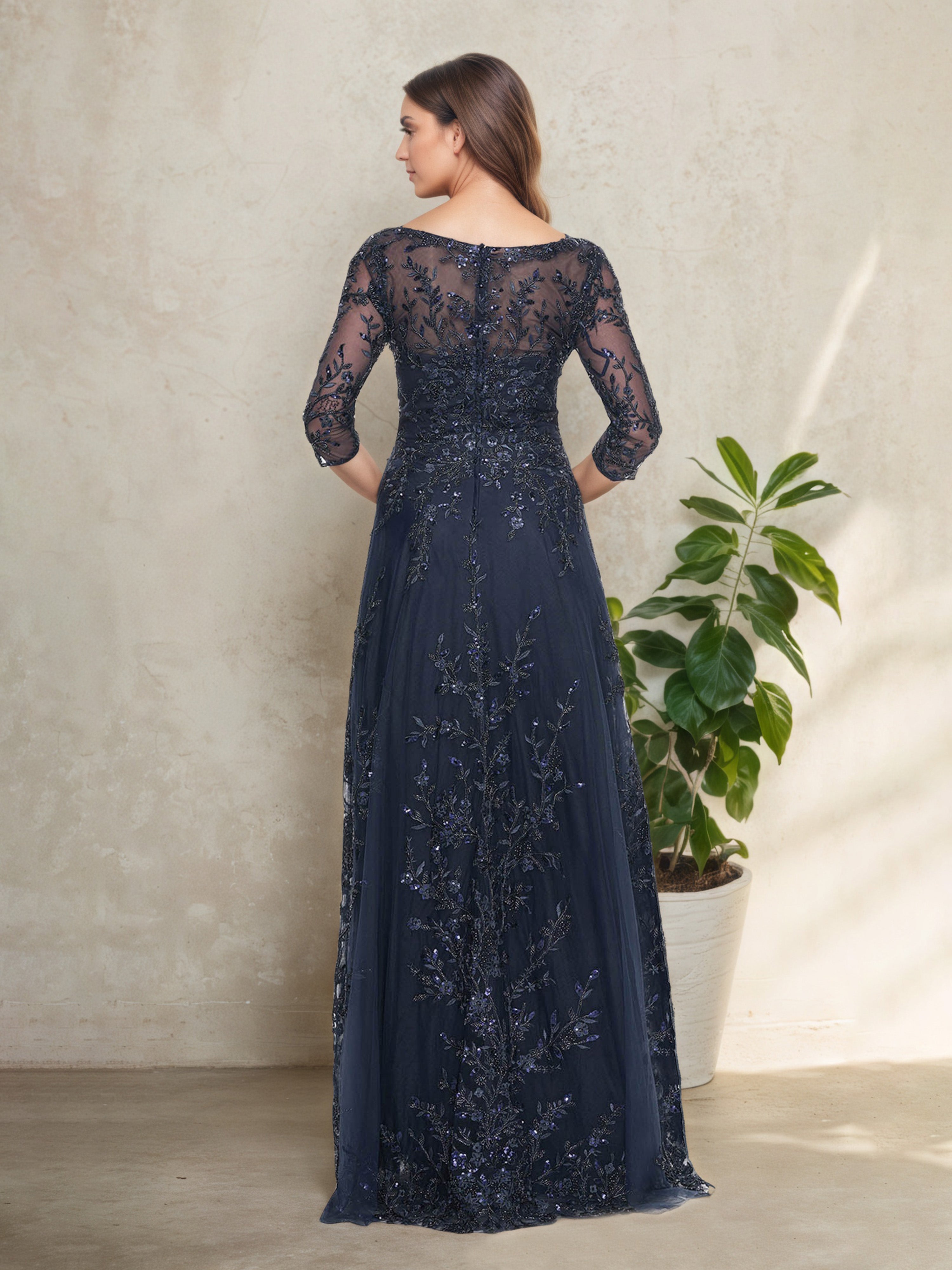 V-Neck Floor-Length A-Line Mother of the Bride Dress with Elegant Lace and 3/4 Sleeves