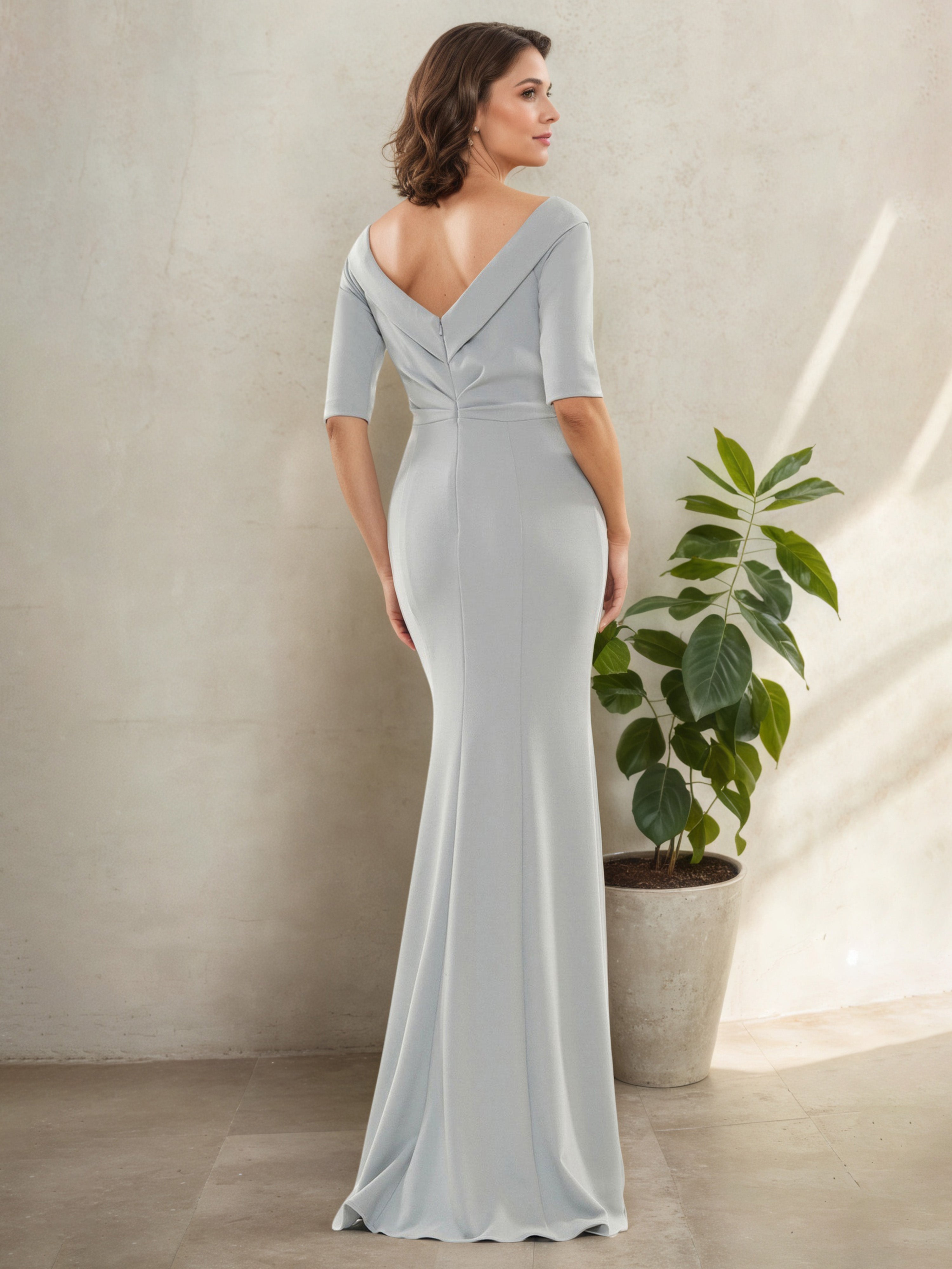 Silver V-Neck Mother of the Bride Dress with Half Sleeves and Beaded Details