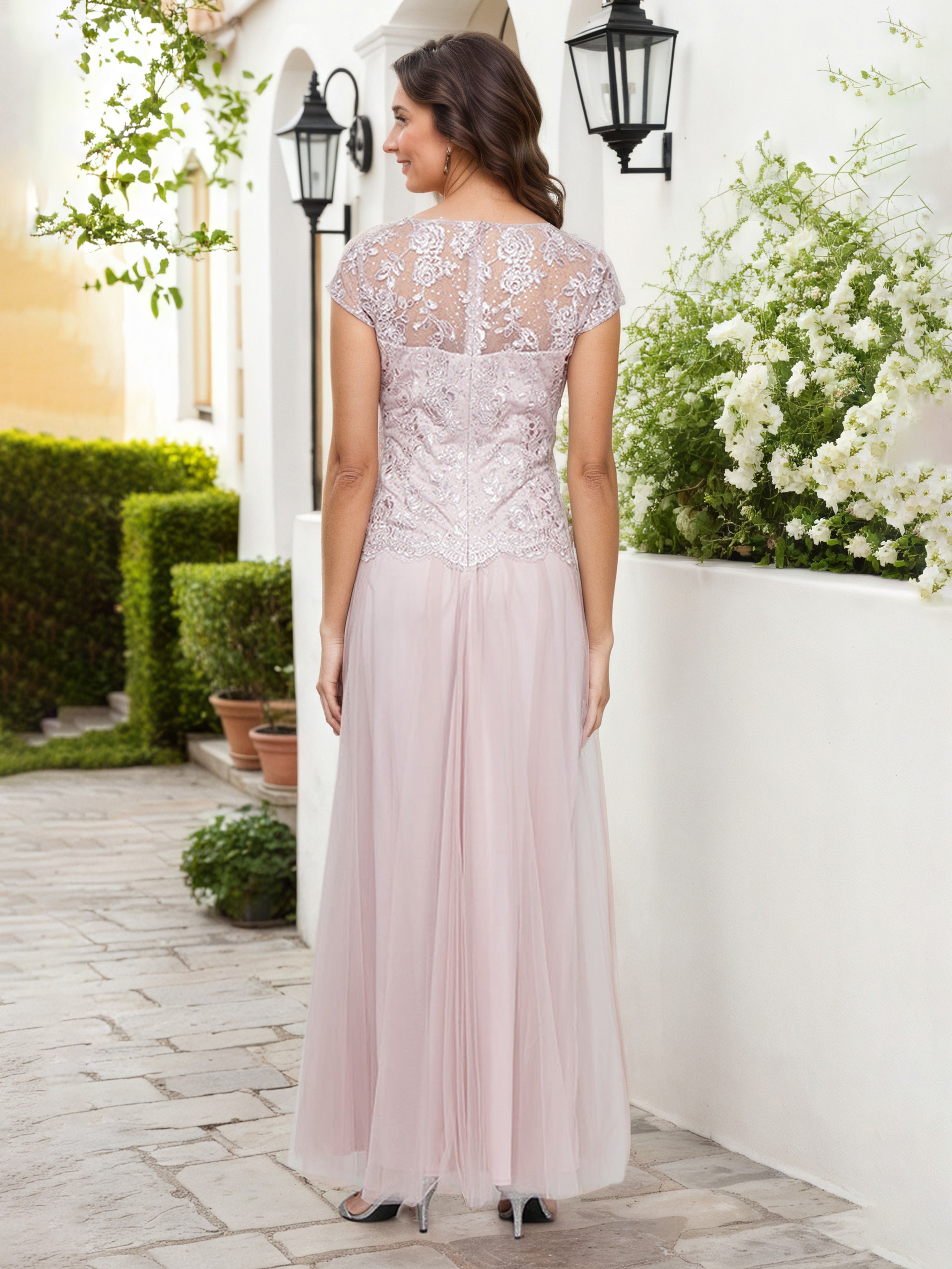 Blush V-Neck Embroidered Lace Bodice A-Line Mother Of The Bride Dress