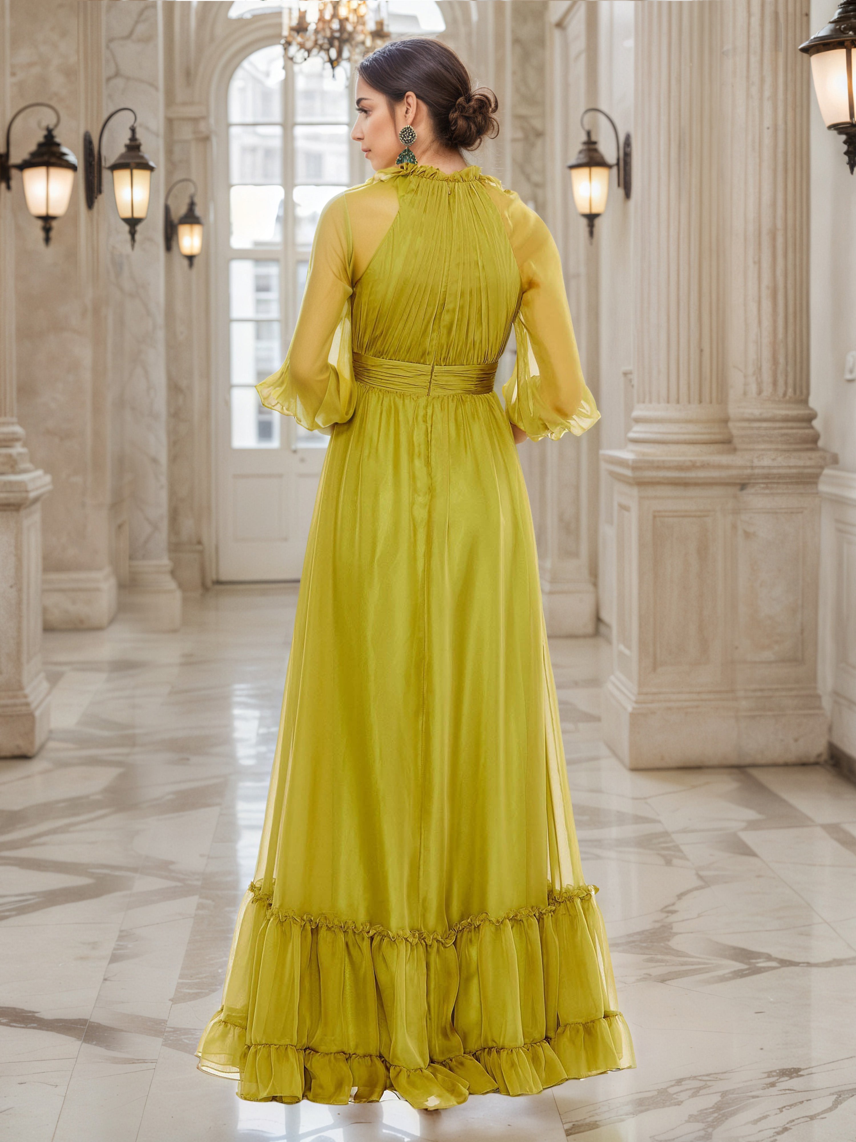 Olive Green Chiffon A-Line Mother of the Bride Dress with Sheer Long Sleeves