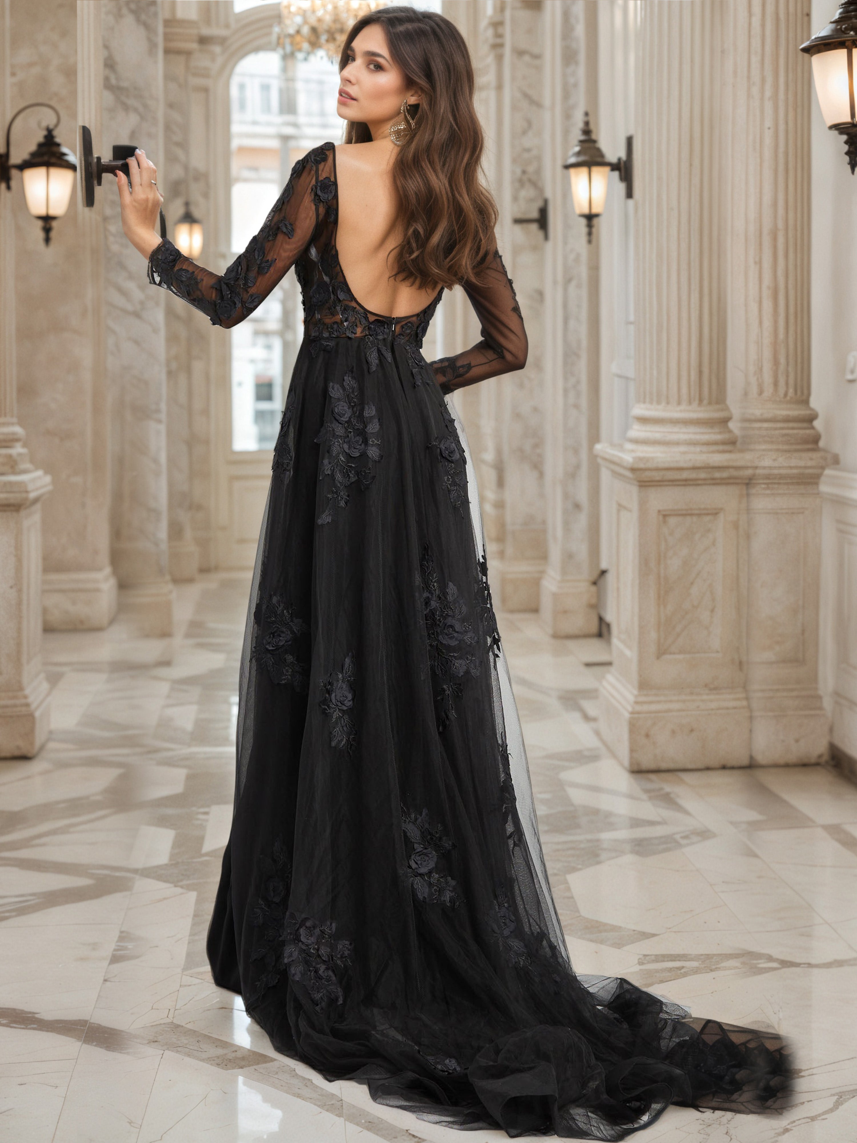 Black Mother of the Bride Pant Suit with Embellished Long Sleeves and an Open Back