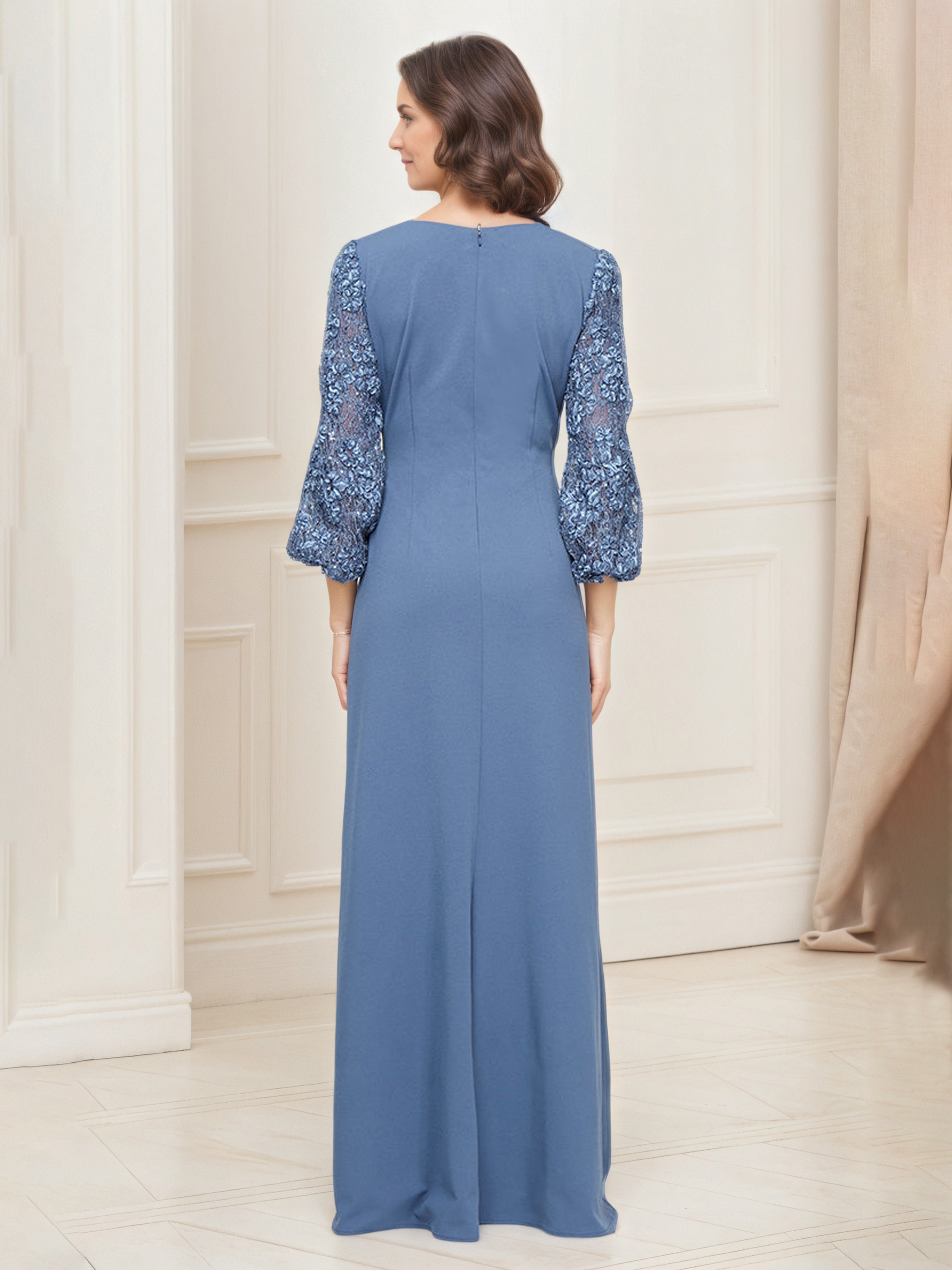 Slate Blue V-Neck Lace Mother of the Bride Dress with Illusion Sleeves and Side Slit