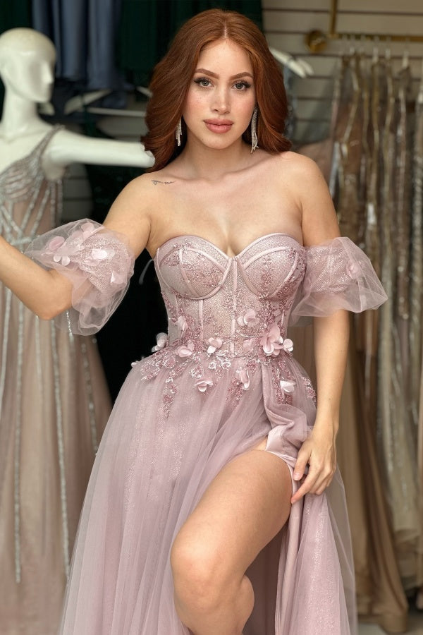 Gorgeous & Chic A-Line Off Shoulder Half Lantern Sleeves Prom Dresses Dress 3D Flowers Dusty Pink Tulle Formal Party Dress Floor Length High Side Slit Eveing Gown Cocktail Dress Wedding Guest Dress