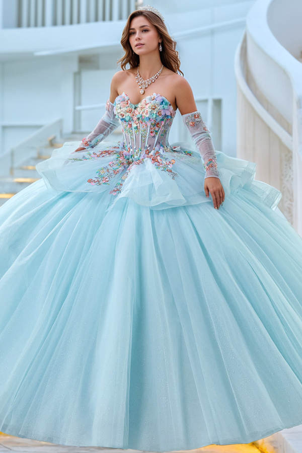 Gorgeous Ball Gown Sweetheart Neck Long Detachable Sleeves Colorful 3D Flower Appliques Lace Up Baby Blue Tulle Quinceanera Dress Evening Party Dress for Sweet 16