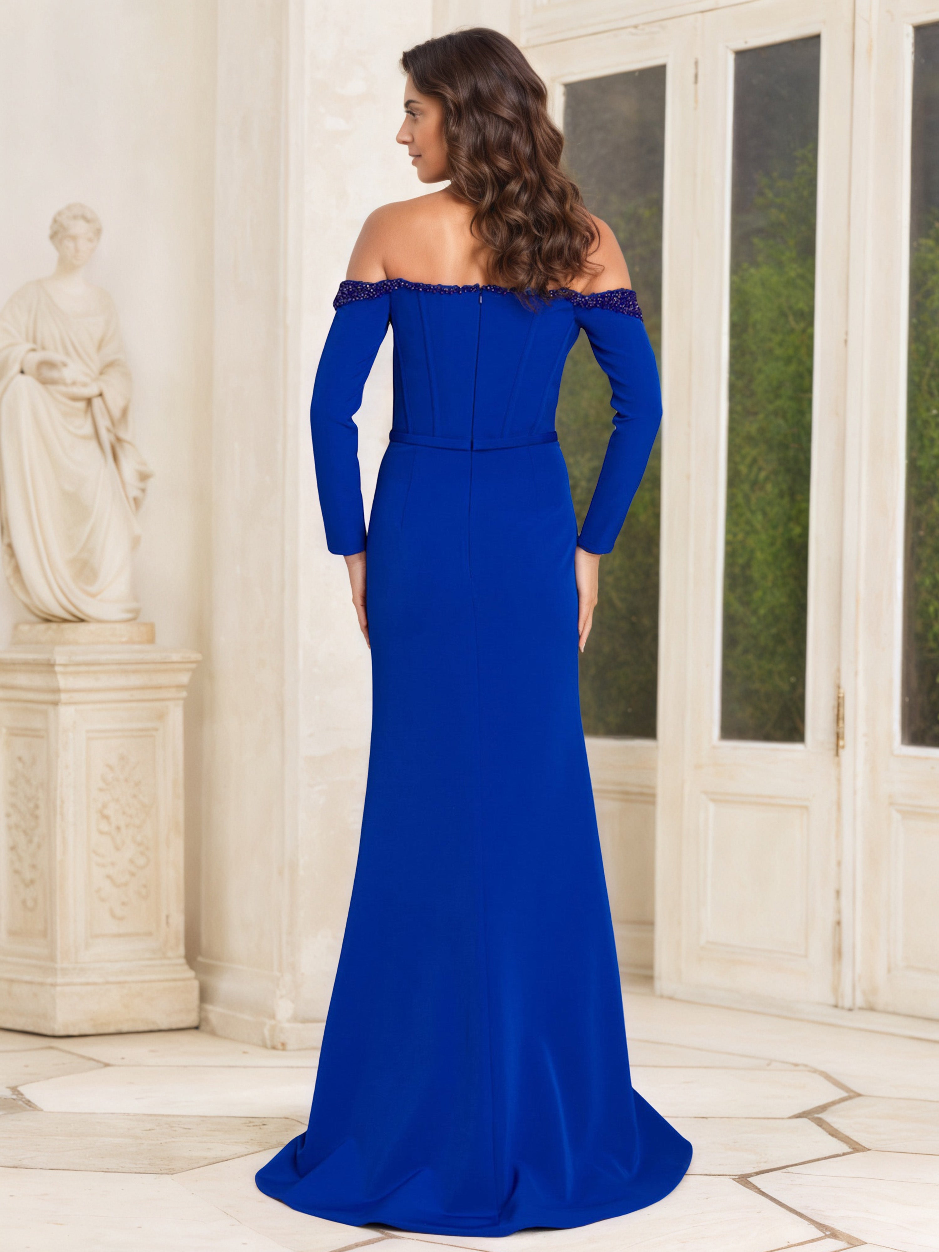 Royal Blue Off-the-Shoulder Sheath Mother of the Bride Dress with Long Sleeves