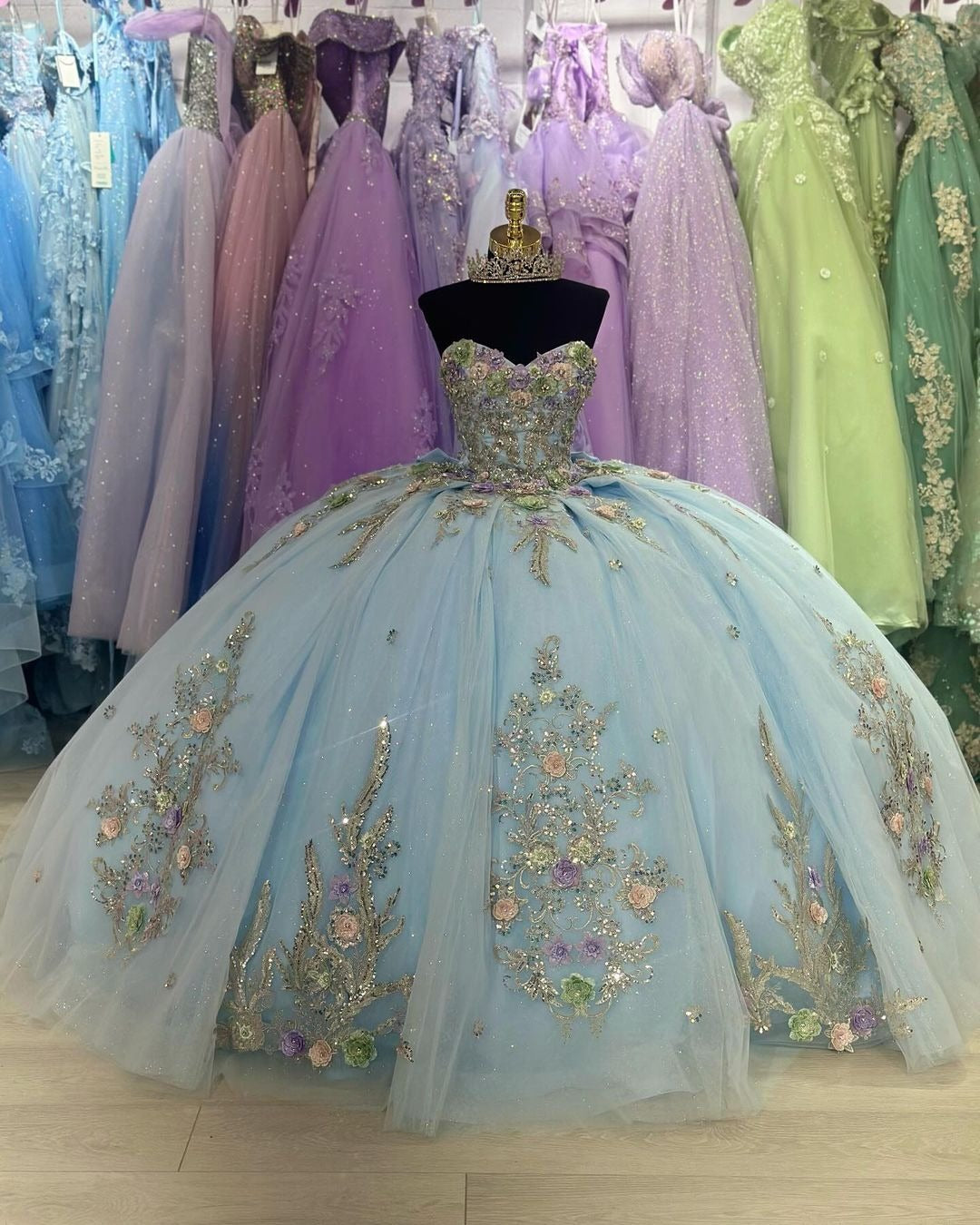 Gorgeous & Glitter Ball Gown Strapless 3D Floral Flowers Lace Applique Bow Knot Light Blue Quinceanera Dress Birthday Party Gown for Sweet 16