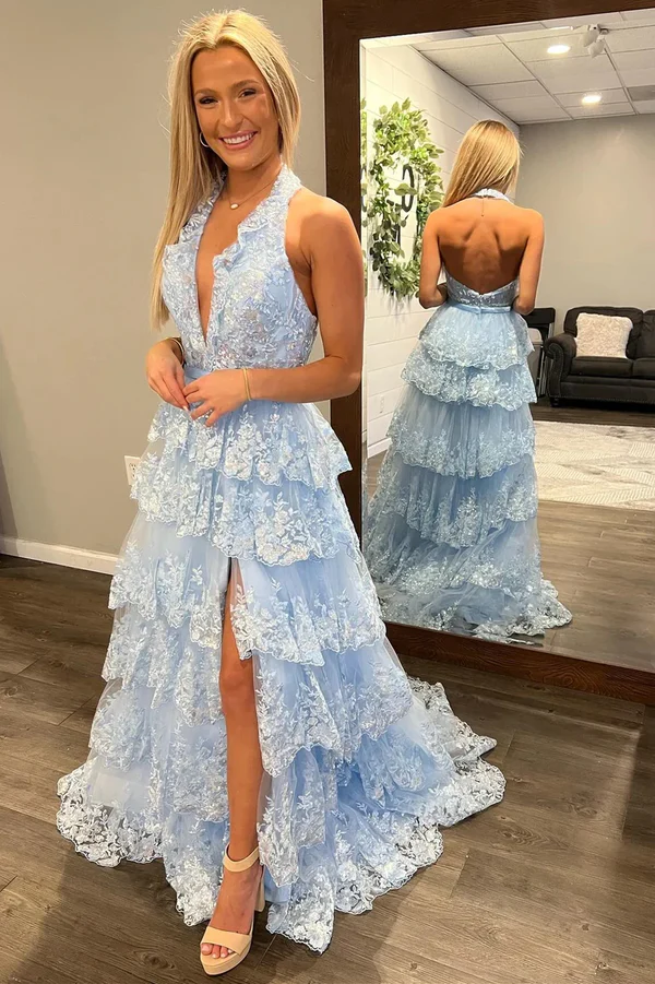 A-Line Low V Necck Halter Sleeveless Open Back Sky Blue Sequins Lace Appliques Tiered Floor Length Prom Dresses Dress with High Side Slit and Train
