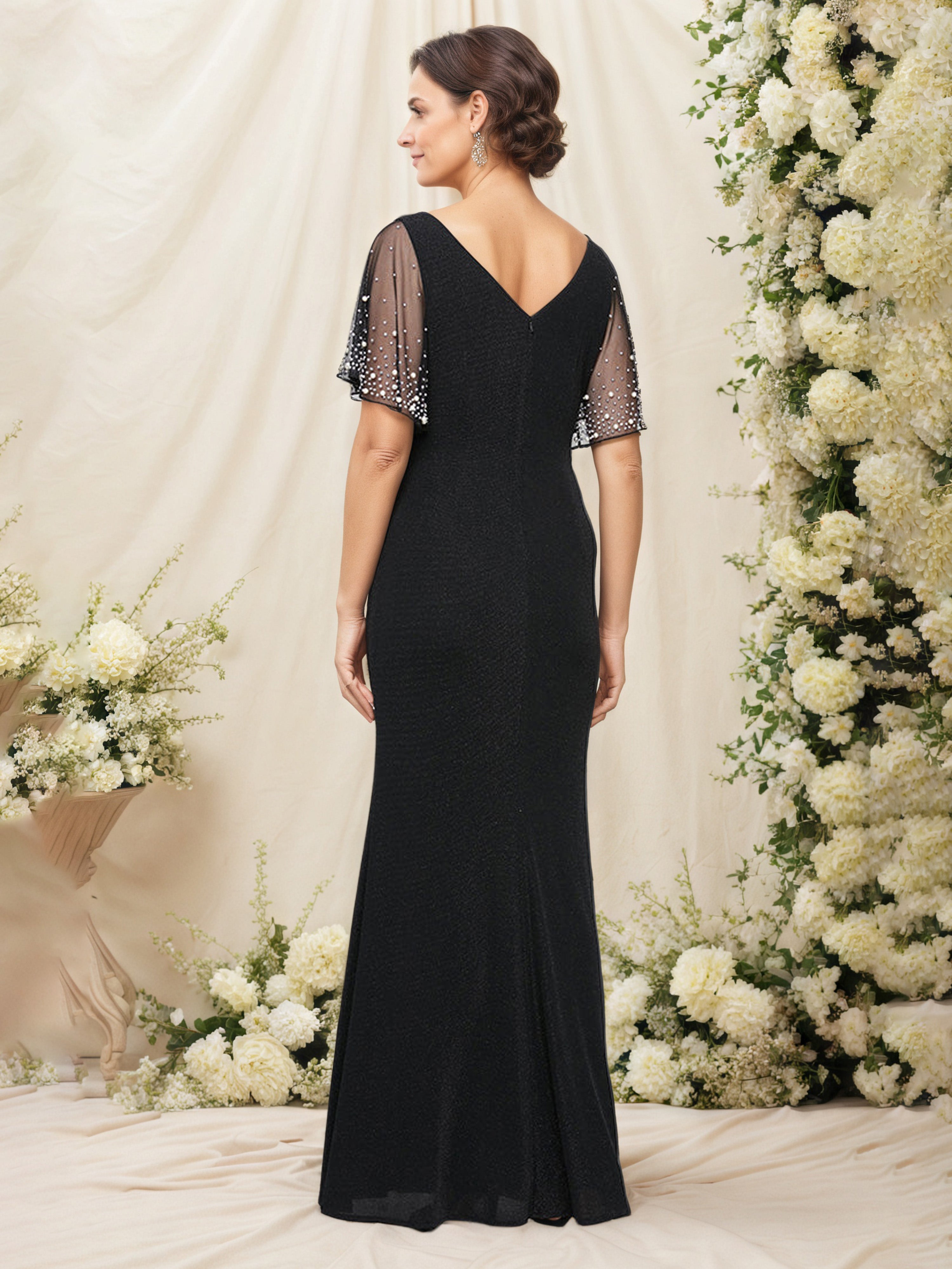 Black Sheath Ruched Mother of the Bride Dress with Embellished Short Sleeves