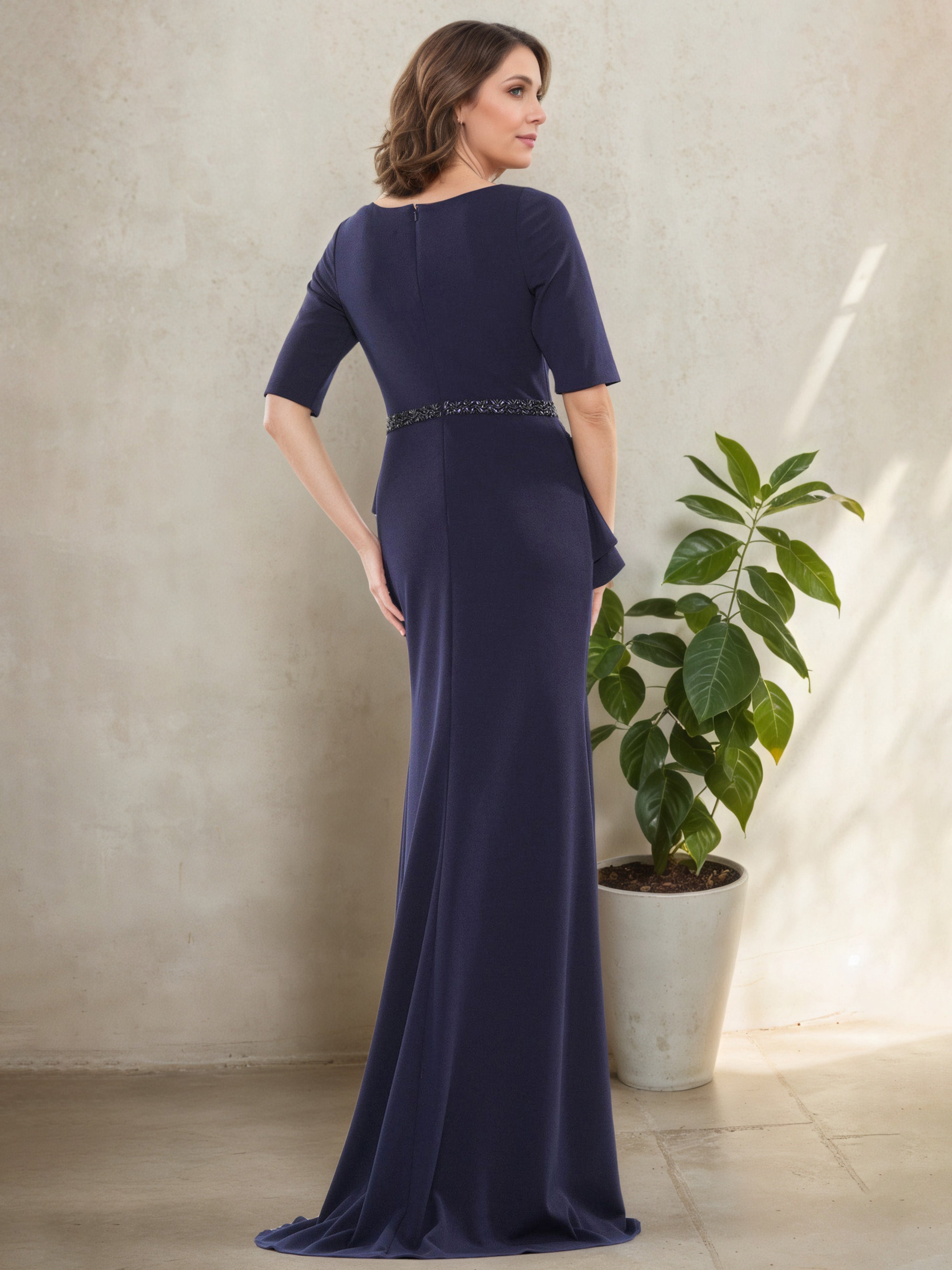 Navy Blue Square Neck Mother of the Bride Dress with Half Sleeves