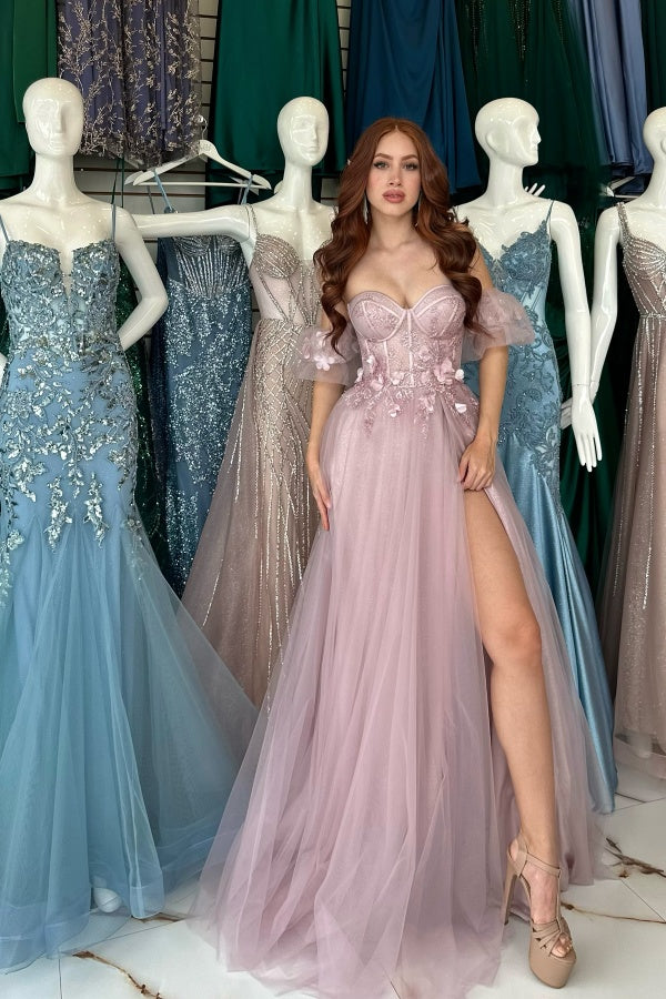Gorgeous & Chic A-Line Off Shoulder Half Lantern Sleeves Prom Dresses Dress 3D Flowers Dusty Pink Tulle Formal Party Dress Floor Length High Side Slit Eveing Gown Cocktail Dress Wedding Guest Dress