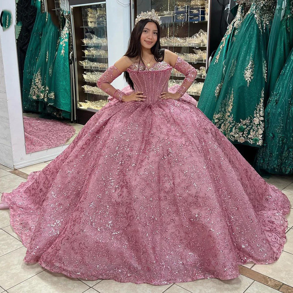 Luxuru & Glamorous Ball Gown Strapless Detachable Sleeves Fulle Sequins Beaded Dusty Pink Tulle Princess Party GownQuinceanera Dress for Sweet 16