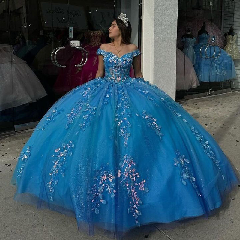 Glamorous & Gorgeous Ball Gown Off Shoulder Beaded Lace Appliques Blue Tulle Quinceanera Dress Birthday Evening Party Dresses for Sweet 16