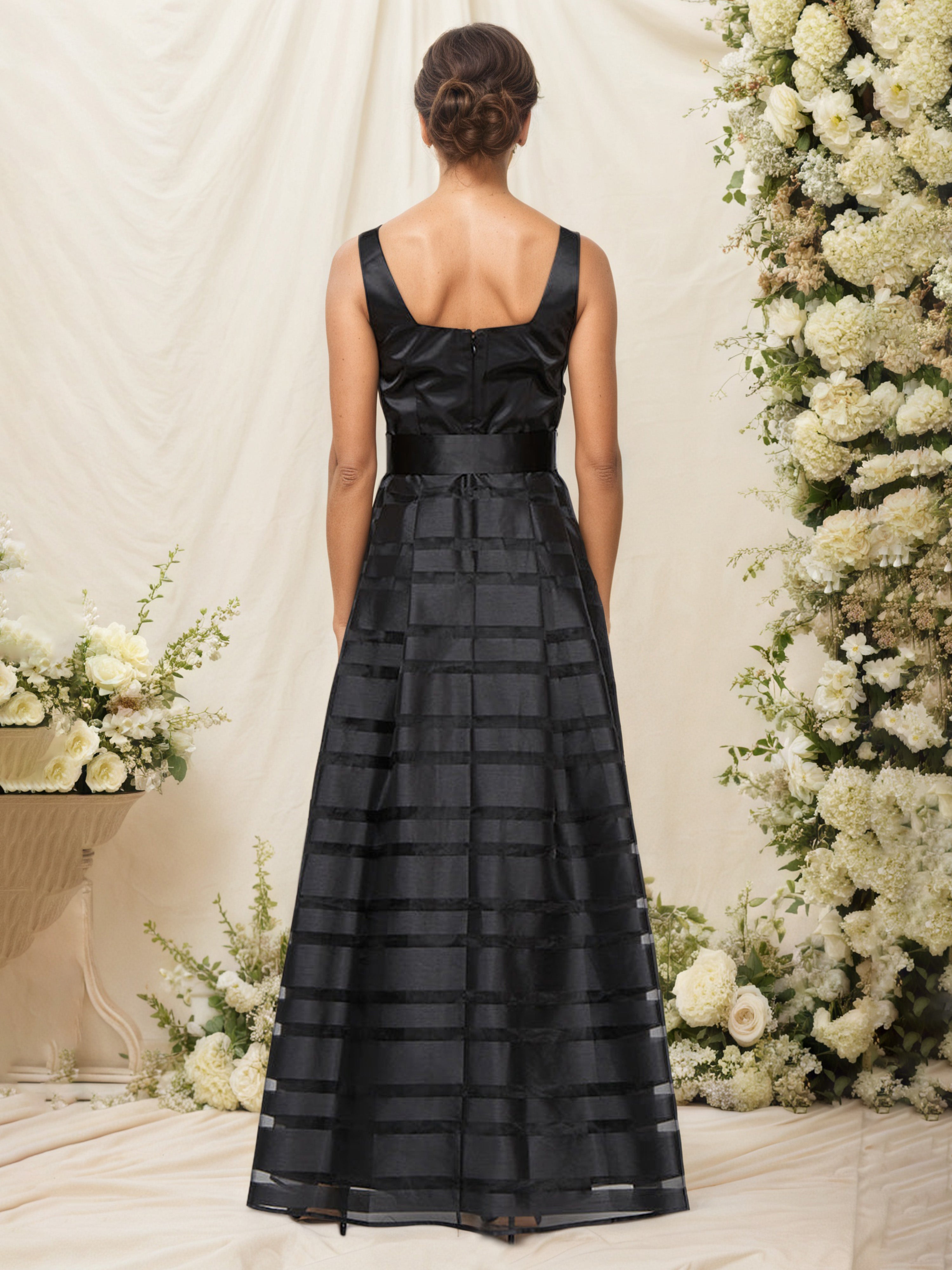 Black Long A-Line Organza Mother of the Bride Dress with Belt and Pockets