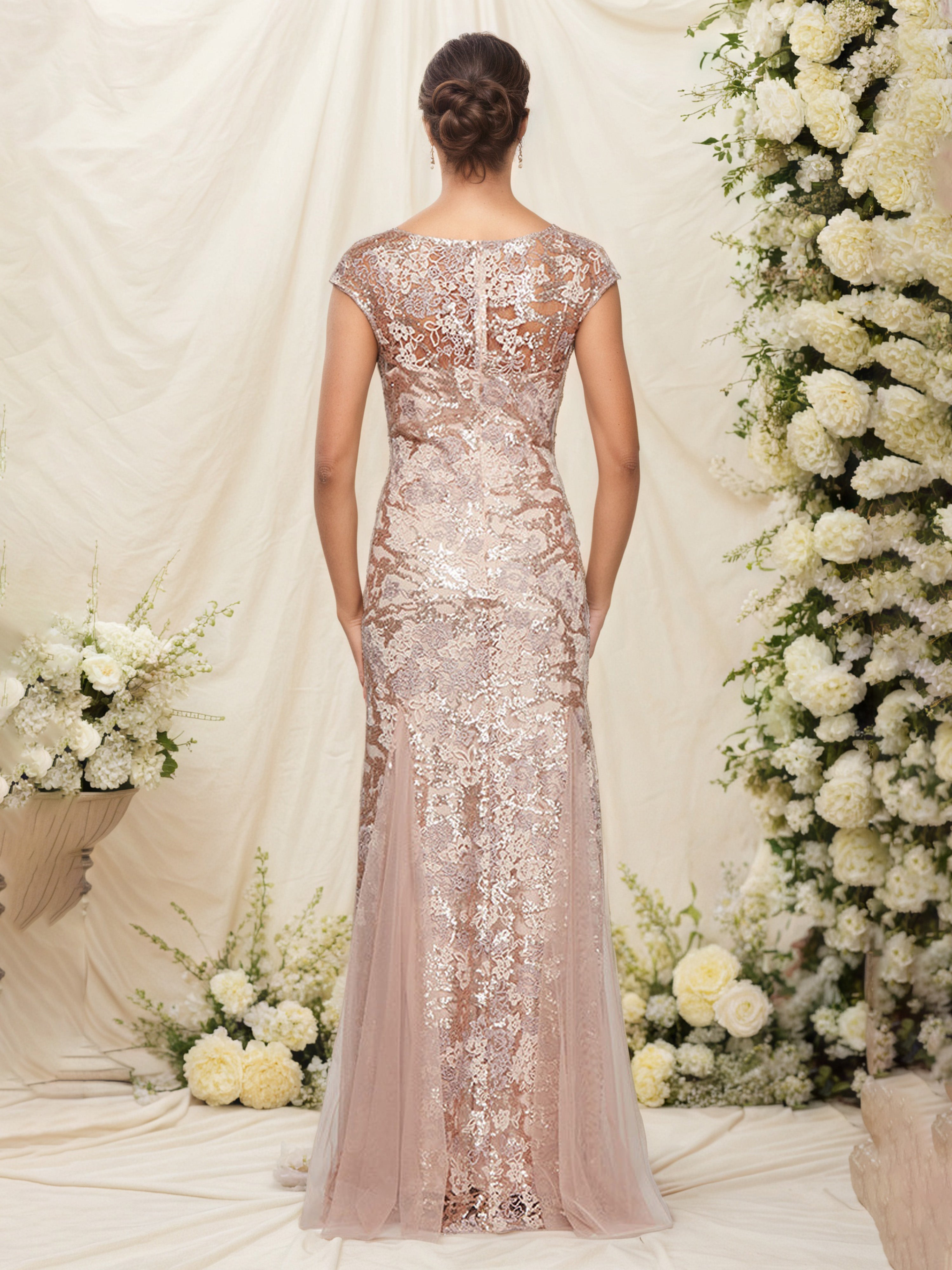 Champagne V-Neck Lace Embroidered Fitted Mother of the Bride Dress with Cap Sleeves and Matching Shawl