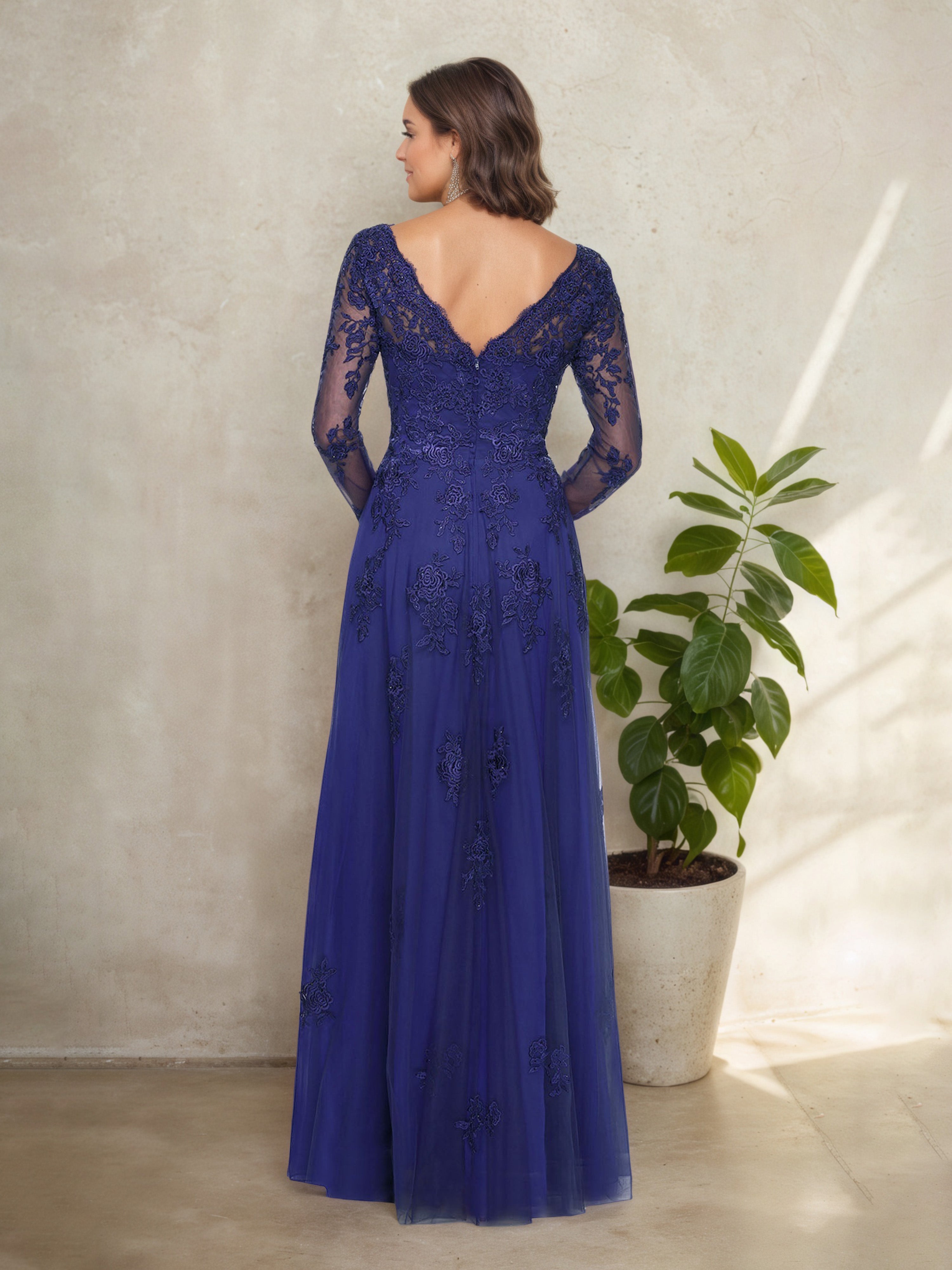 Royal Blue Floor-Length Mother of the Bride Dress with Illusion V-Neck and Long Sleeves