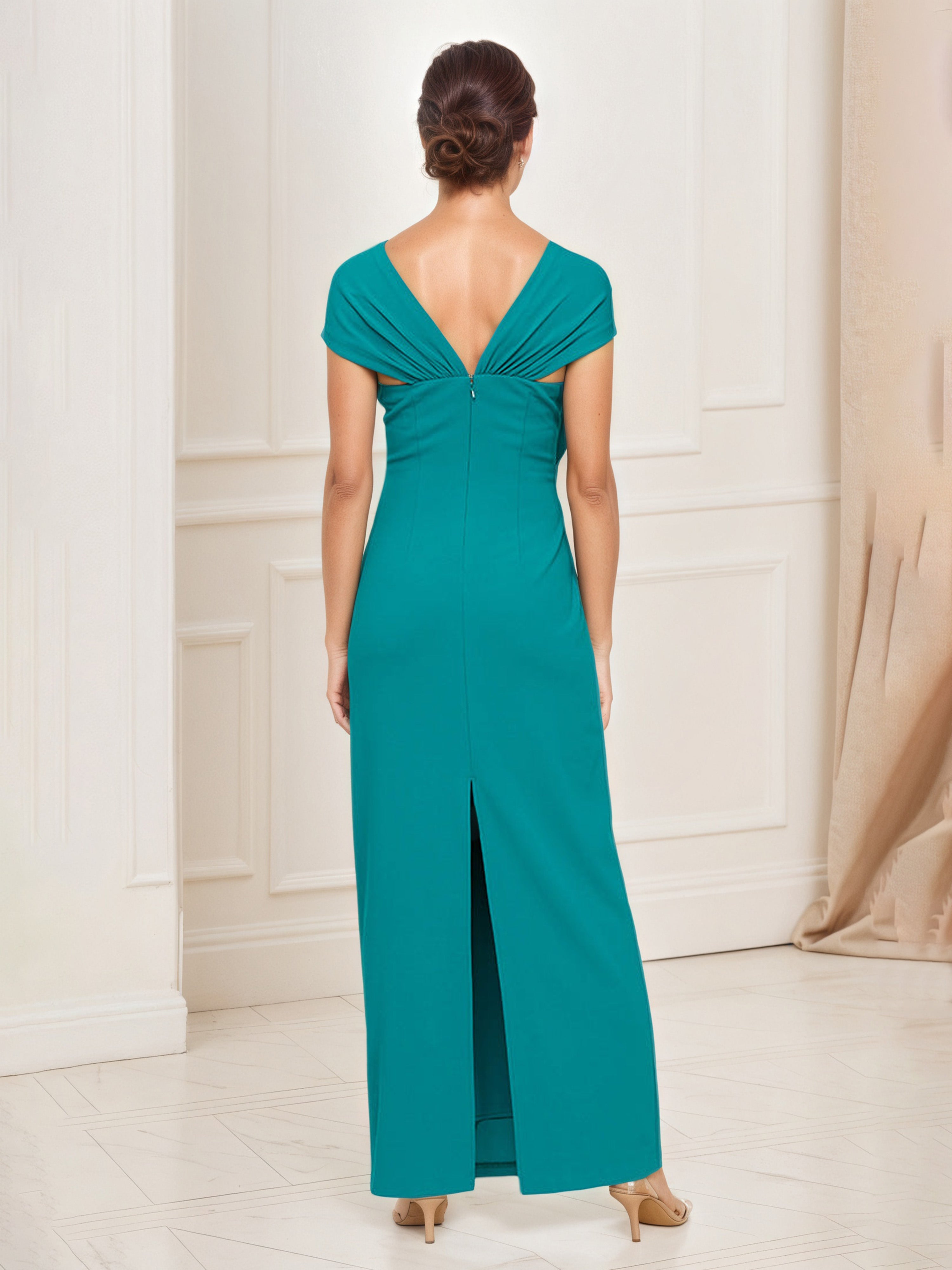 Jade Green Long Mother of the Bride Dress with Cap Sleeves and Embellished Asymmetric Neckline