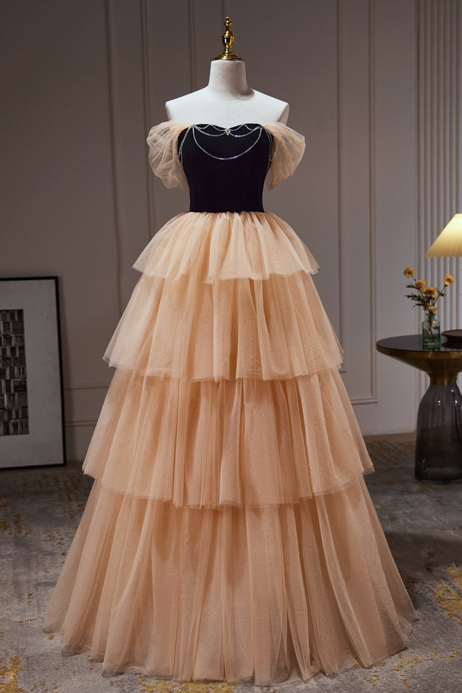 Champagne Off The Shoulder Evening Gown A Line Tulle Long Prom Dresses Champagne Off The Shoulder Evening Gown A Line Tulle Long Prom Dresses