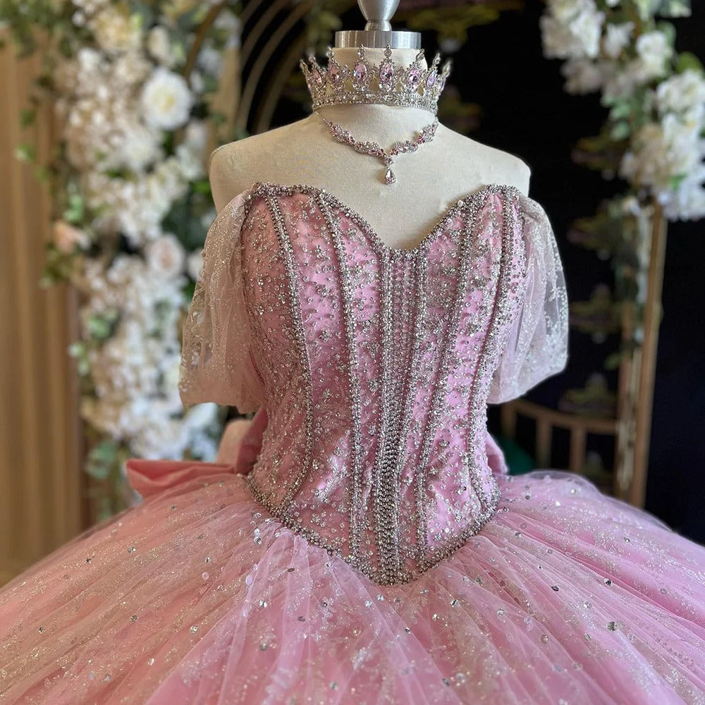 Elegant Ball Gown Sweetheart Neck Off Shoulder Spaghetti Straps Lace Appliques Pink Tulle Princess Prom Dresses Party Gown Quinceanera Dresses for Sweet 16