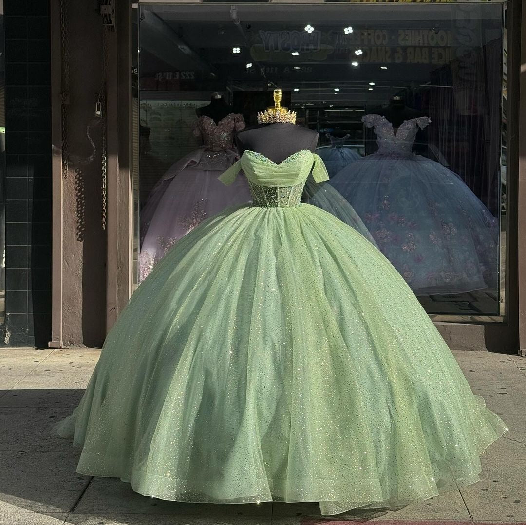 Sparkly & Glitter Ball Gown Off Shoulder Beaded Sage Green Tulle Quinceanera Dresses Princess Cocktail Party Gown Formal Eveing Dress for Sweet 16