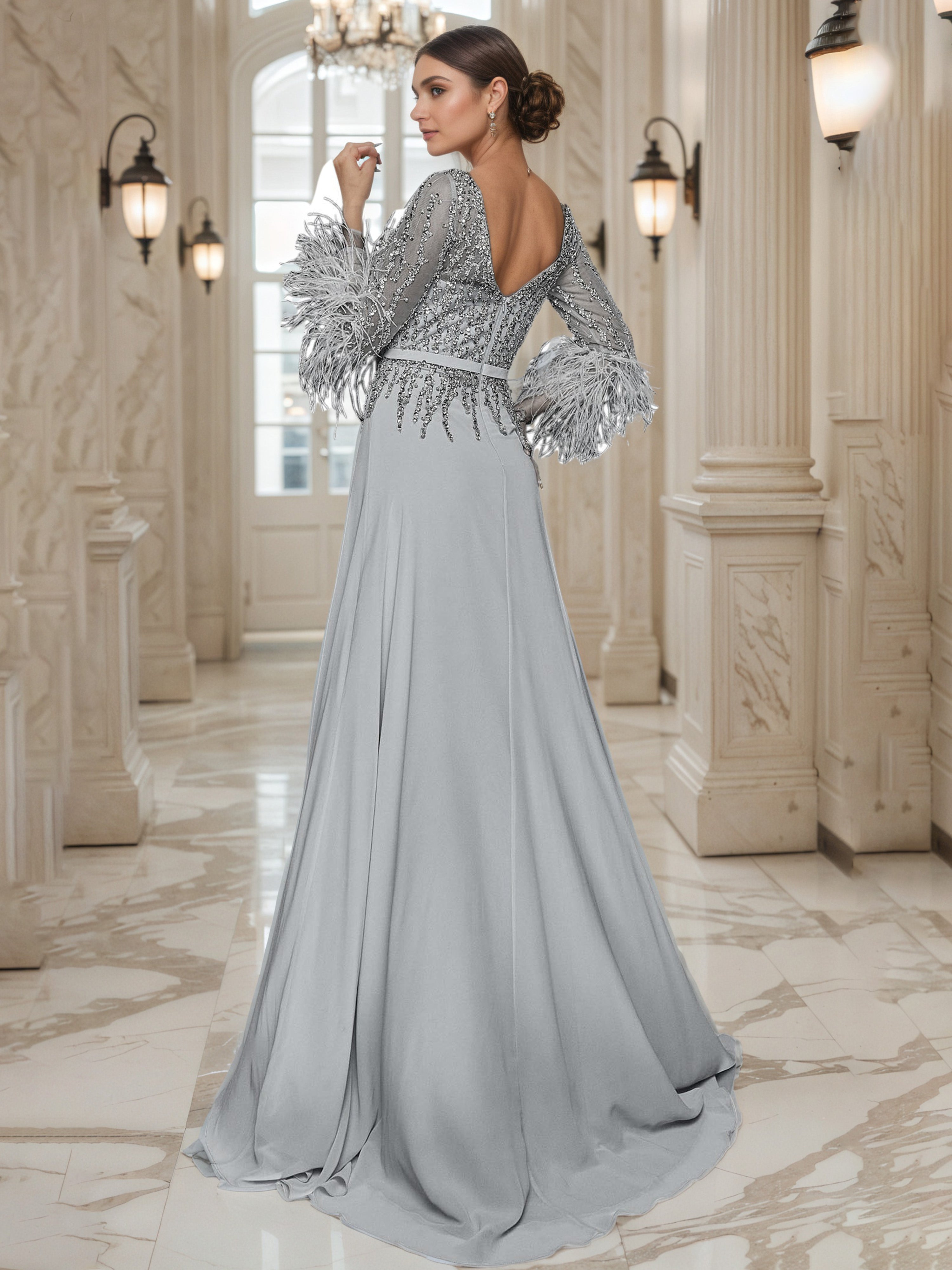 Silver A-Line Mother of the Bride Dress with Long Sleeves and Sequin Embellishments